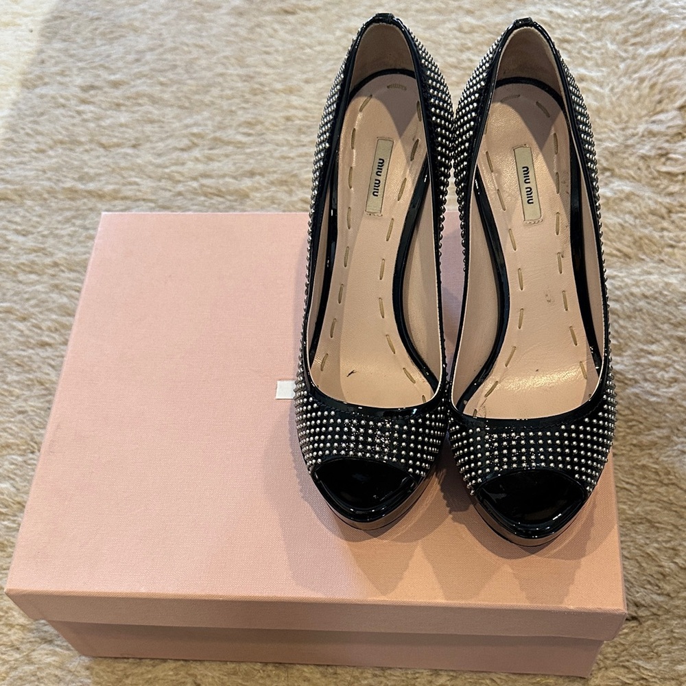 Miu Miu Black and Silver Studded Peep Toe Heels
